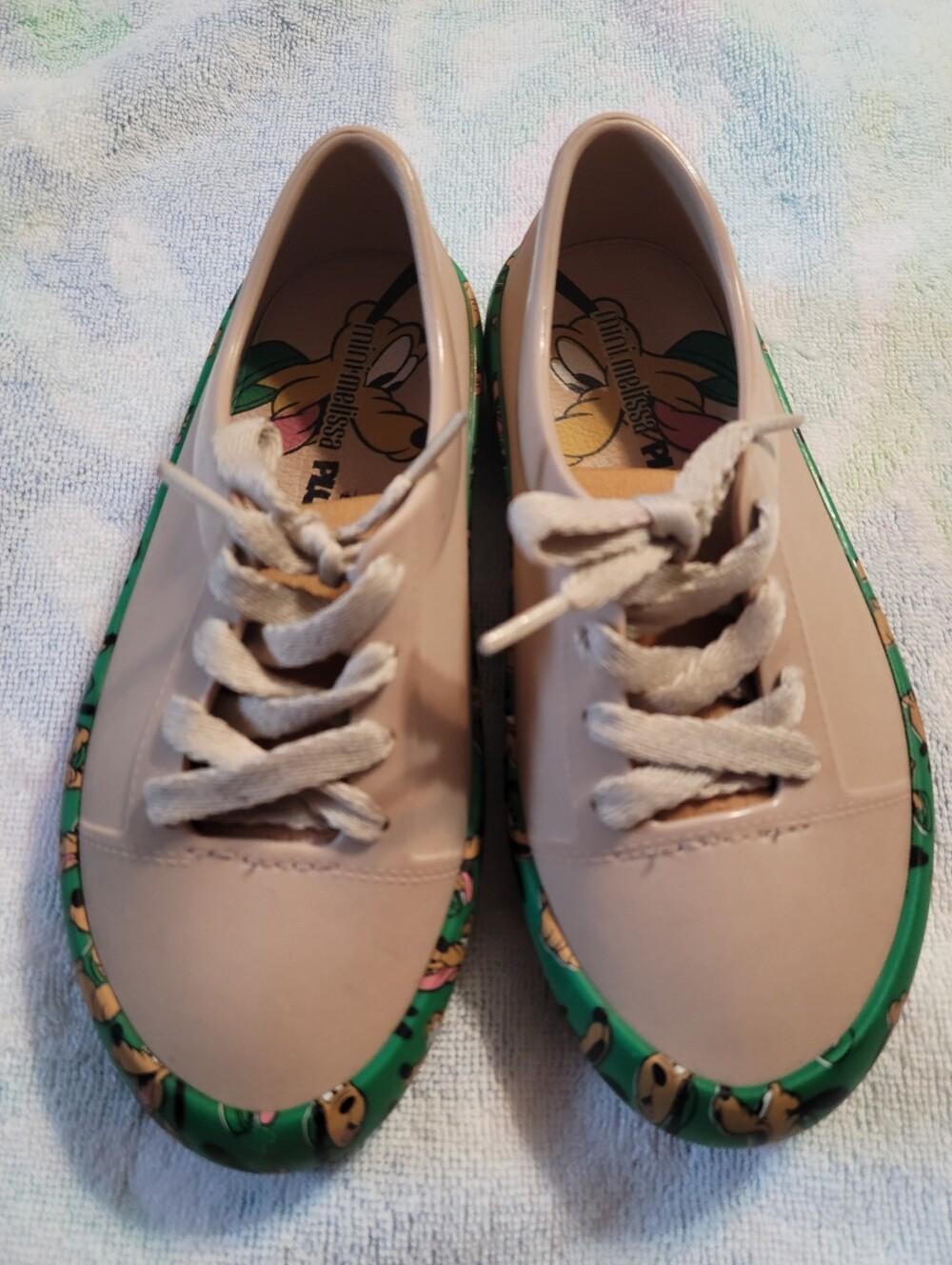Mini Melissa Boys Beige Green Pluto Mickey & Friends Lace Up Sneakets Sz 12
